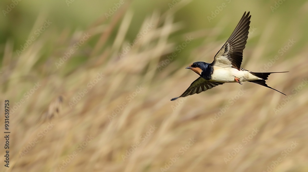Swallow flying low over a field its wings skimming the tops of the grasses Swallow flying low over a field its wings skimming the tops of the grasses
