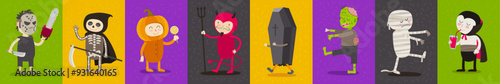 Vector set of Halloween cartoon characters. Banner with children in holiday costume.