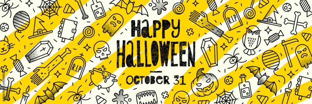 Halloween banner with hand drawn greeting on a background with outline halloween sign and symbols. Vector illustration. Halloween banner with hand drawn greeting on a background with outline halloween sign and symbols. Vector illustration.
