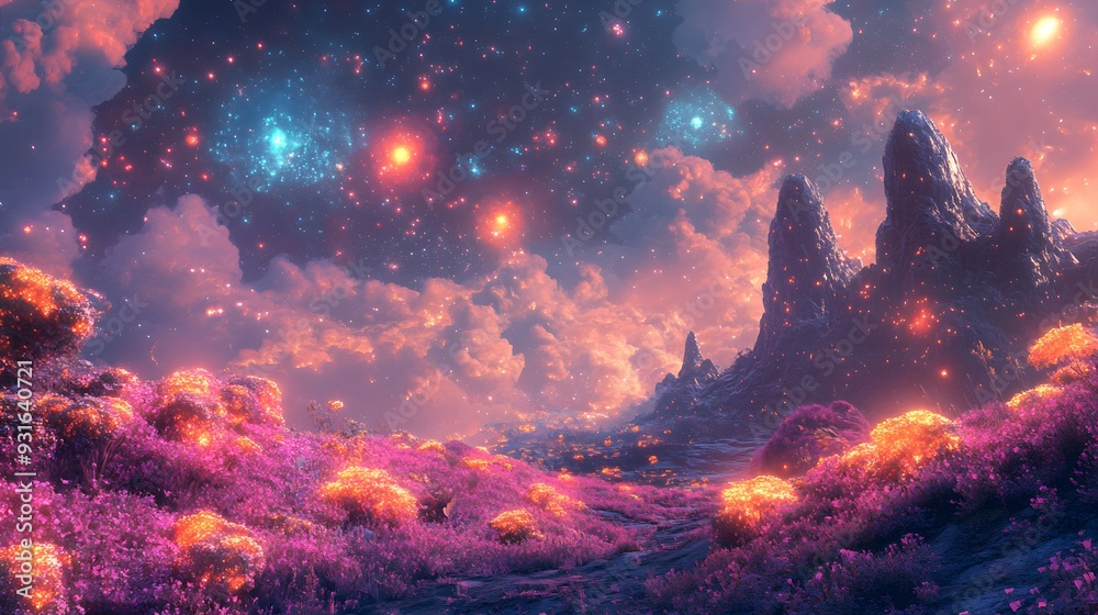 Magical Night Sky With Glowing Mountains And Flowers. Magical Night Sky With Glowing Mountains And Flowers.