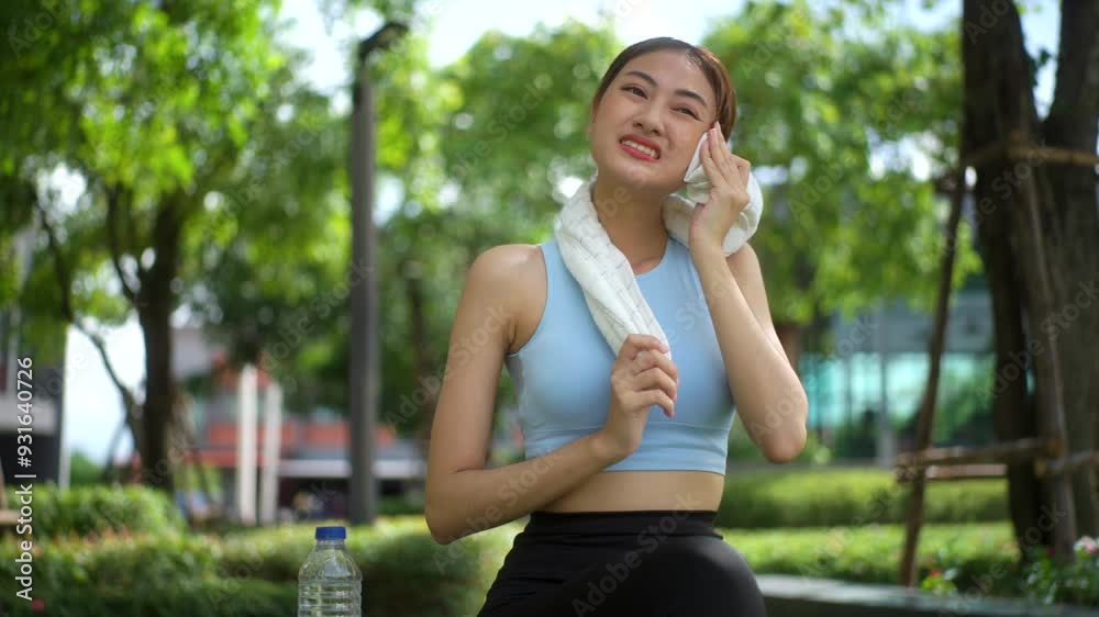 Young healthy beautiful asian woman sitting outdoor to rest and drinking water after workout at park, female feel tired and relaxing in the garden, portrait of sporty girl enjoy fitness.
Young healthy beautiful asian woman sitting outdoor to rest and drinking water after workout at park, female feel tired and relaxing in the garden, portrait of sporty girl enjoy fitness.