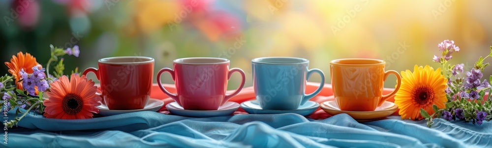 Cups of coffee on a table with flowers Cups of coffee on a table with flowers