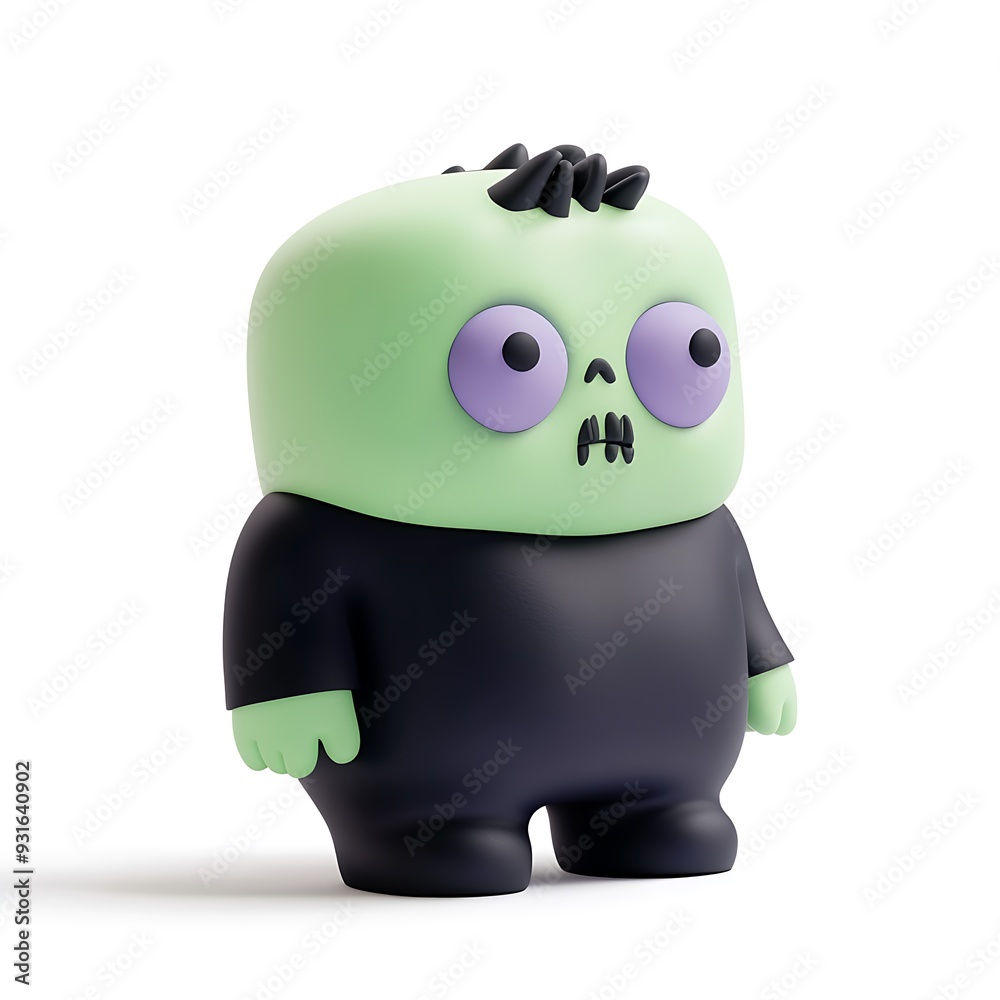 Cute green monster toy with purple eyes and black outfit, isolated on white background. Adorable and fun collectible figurine. Halloween Art Toy Character Design. Cute green monster toy with purple eyes and black outfit, isolated on white background. Adorable and fun collectible figurine. Halloween Art Toy Character Design.