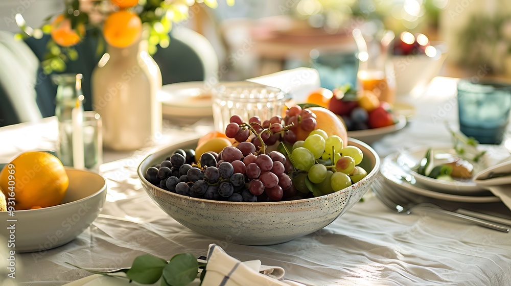Breakfast table setting with bowl of fruit Breakfast table setting with bowl of fruit