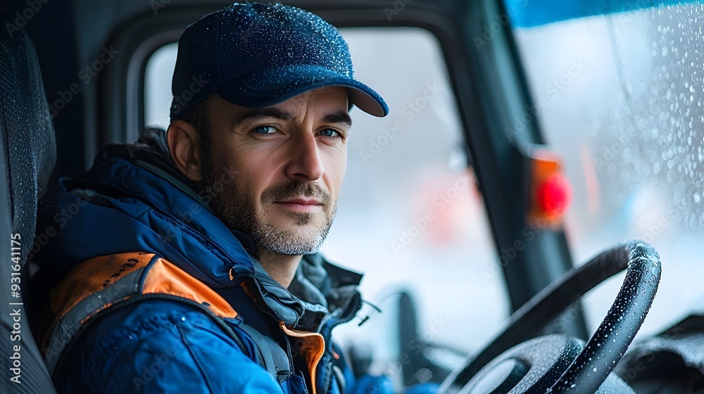 Focused Truck Driver Navigating Snowy and Wet Road Conditions During Winter Delivery Focused Truck Driver Navigating Snowy and Wet Road Conditions During Winter Delivery