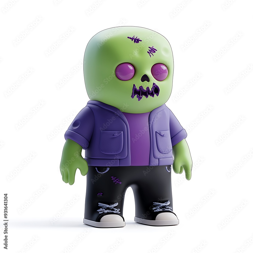 Cute green zombie toy with purple eyes in a purple jacket and black pants. Fun and spooky collectible figurine for Halloween or decor. Halloween Art Toy Character Design. Cute green zombie toy with purple eyes in a purple jacket and black pants. Fun and spooky collectible figurine for Halloween or decor. Halloween Art Toy Character Design.