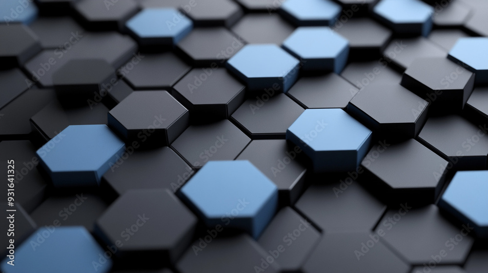 3d render of black and blue hexagons. 3d render of black and blue hexagons.
