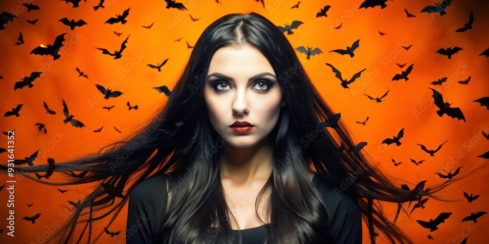 Enigmatic Beauty Amidst Bats, Woman, Black Hair, Orange Background, Halloween Costume, Halloween, Bats Enigmatic Beauty Amidst Bats, Woman, Black Hair, Orange Background, Halloween Costume, Halloween, Bats