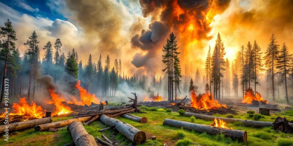 Fiery Aftermath Forest Fire Burns Through Logs, Wildfire, Smoke, Fire, Nature Fiery Aftermath Forest Fire Burns Through Logs, Wildfire, Smoke, Fire, Nature