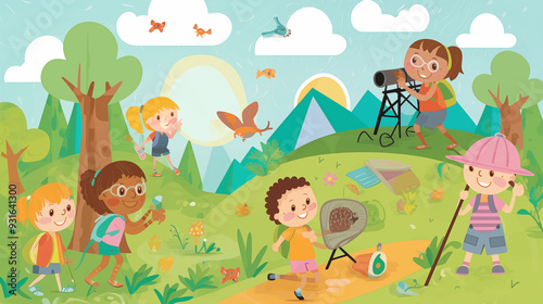 Kids Discovering Wildlife On A Mountain Trail Surrounded By Trees And Birds Bright Cartoon Style