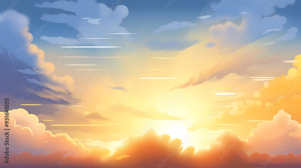 Obraz premium The glow of the sky at sunset. Anime style background with shining sun and white fluffy clouds. Sunny day sky scene cartoon vector illustration.