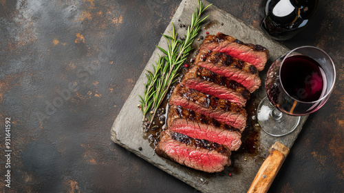 Grilled sliced beef steak with balsamic glaze and rosemary, paired with red wine, on a stone table. Top view with copy space. --ar 16:9 --v 6.1 Job ID: 7530dd67-f1d0-4214-8b20-c8a4cf7699b5