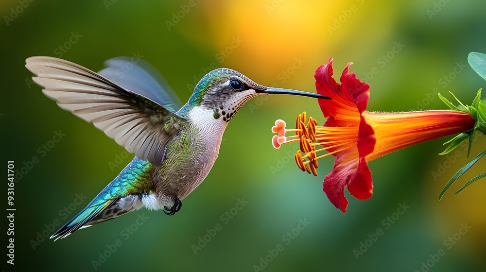 Fototapeta premium Close-up of a hummingbird feeding on a red trumpet flower, wings frozen in motion, iridescent feathers, bokeh background, macro wildlife photography, vivid colors.