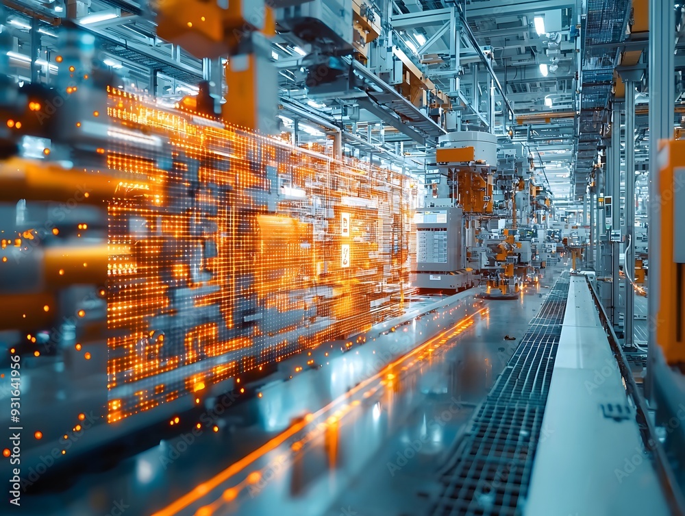 Fototapeta premium Futuristic Digital Warehouse with Glowing Data Visualization and Automation Machinery