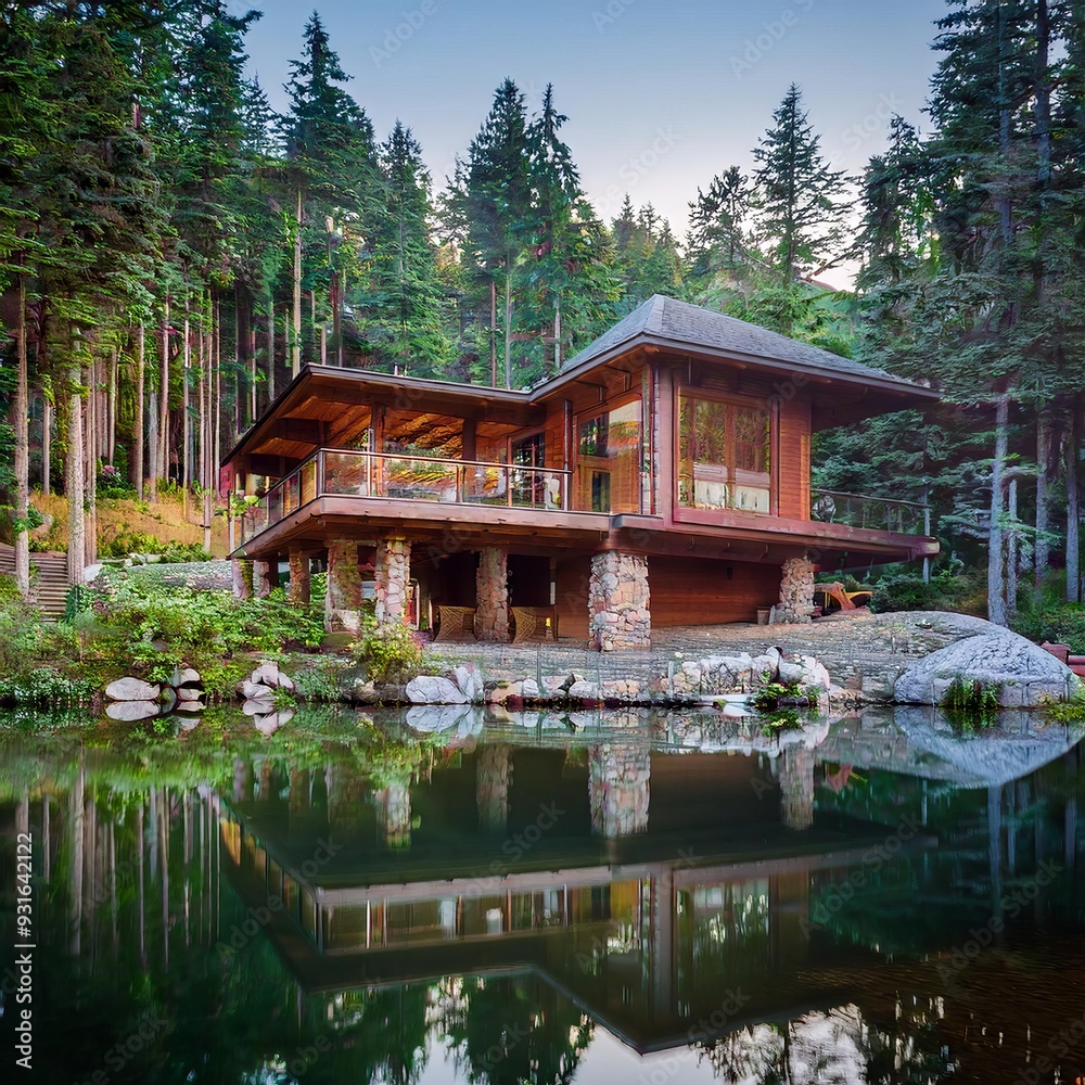 Nestled among trees by a serene lake, a peaceful house offers solitude and tranquility in nature. Nestled among trees by a serene lake, a peaceful house offers solitude and tranquility in nature.