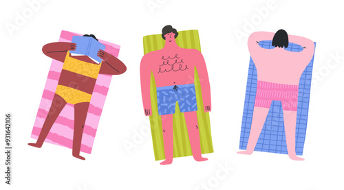 Set of cartoon characters sunbathing on beach, flat vector illustration isolated on white background. Diverse people relaxing. Summer vacation.