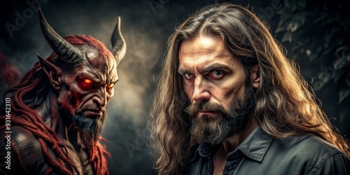 Man's Determination in the Face of the Devil, Portrait, Dark Background, Fearless, Devil, Man , Red photo