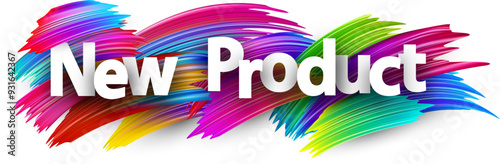 New product paper word sign with colorful spectrum paint brush strokes over white. Vector illustration.