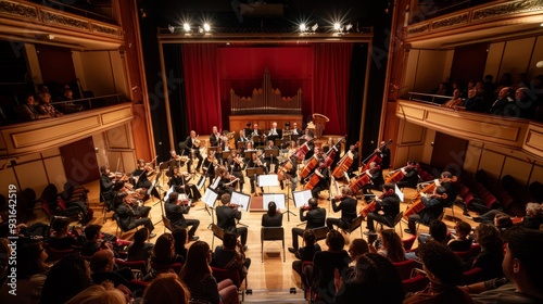 An orchestra on stage with diverse instruments and musicians in black uniforms performs under a conductor's guidance, while the audience in an elegant theater watches attentively. photo