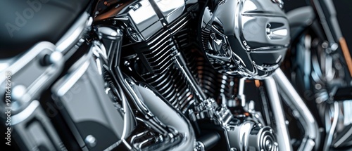 Wallpaper Mural Detail image of the front of a motorbike with chrome engine and metal parts with black, silver and dark red elements. The fusion of the chrome frame adds a modern technological vibe, Torontodigital.ca