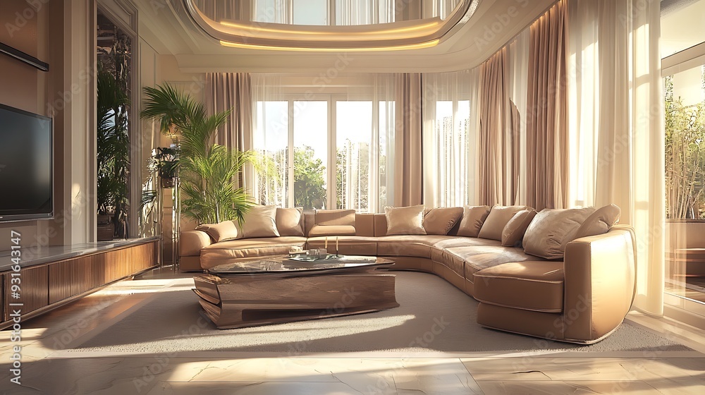 Fototapeta premium Modern living room with large windows, curved sofa, and a glass coffee table.