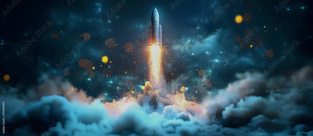 Startup business concept with digital glowing blue rocket on dark background.