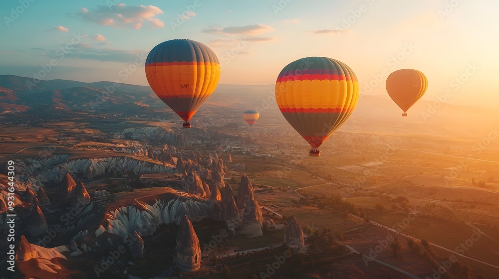 Obraz premium Colorful hot air balloons ascending over Cappadocia landscape, unique rock formations, early morning light, travel photography, vibrant colors against earthy tones.