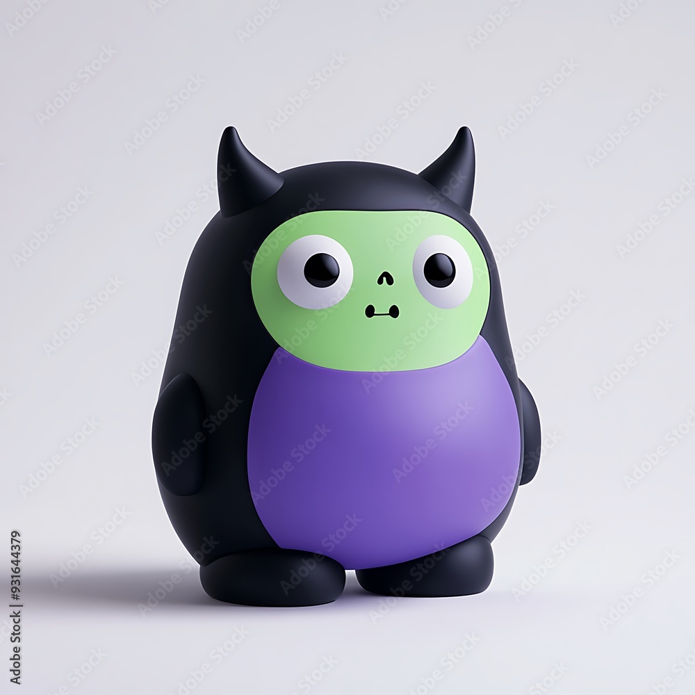 Cute toy monster figurine with purple belly, black body, green face, and big eyes, perfect for kids and collectors. Halloween Art Toy Character Design. Cute toy monster figurine with purple belly, black body, green face, and big eyes, perfect for kids and collectors. Halloween Art Toy Character Design.