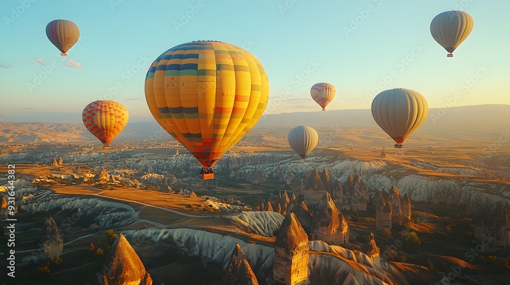 Obraz premium Colorful hot air balloons ascending over Cappadocia landscape, unique rock formations, early morning light, travel photography, vibrant colors against earthy tones.
