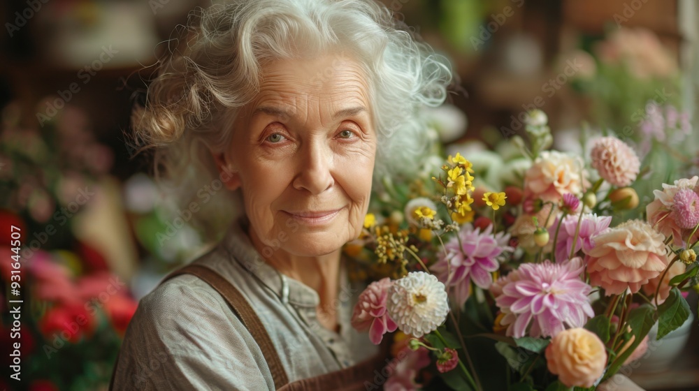 Elderly woman holding a bouquet of flowers in a shop