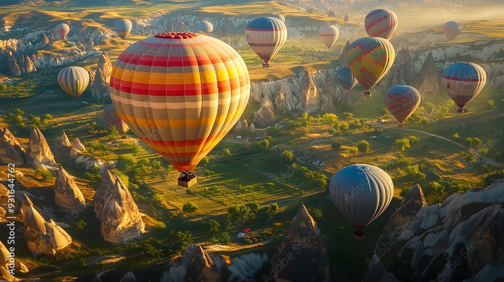 Obraz premium Colorful hot air balloons ascending over Cappadocia landscape, unique rock formations, early morning light, travel photography, vibrant colors against earthy tones.