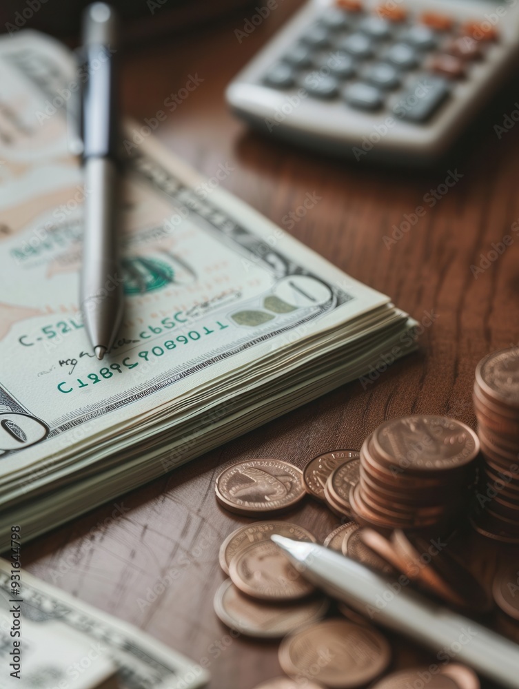 Fototapeta premium A stack of cash and coins sit beside a notebook filled with notes and calculations, highlighting a focused financial planning session. Generative AI
