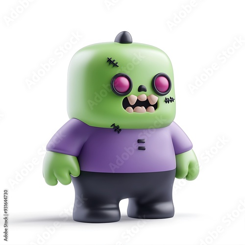 Cute zombie figurine with green skin, purple shirt, and stitched details. Perfect for Halloween and toy collections. Halloween Art Toy Character Design.