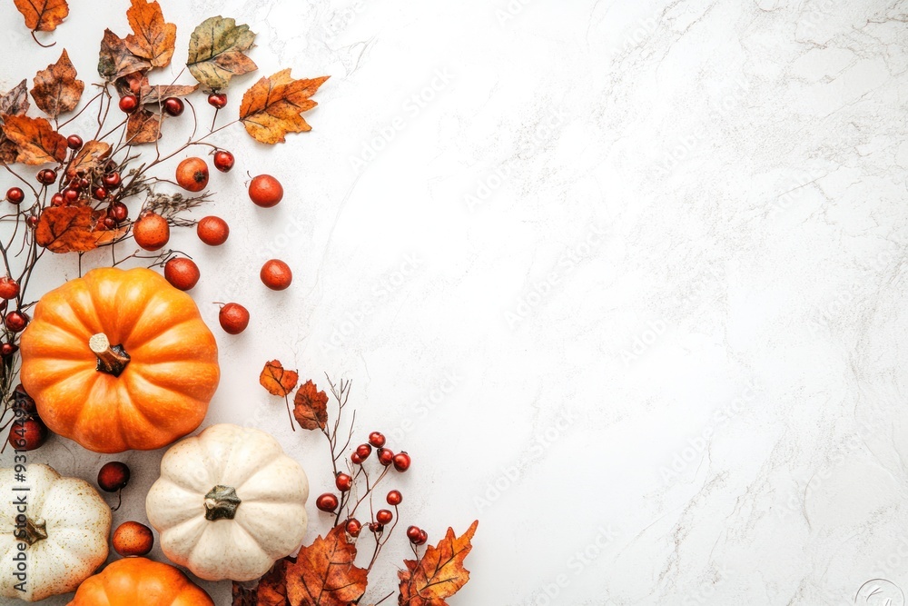 Obraz premium Autumnal Pumpkins and Leaves on White Background