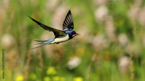 Swallow flying over a meadow its streamlined body slicing through the air photo