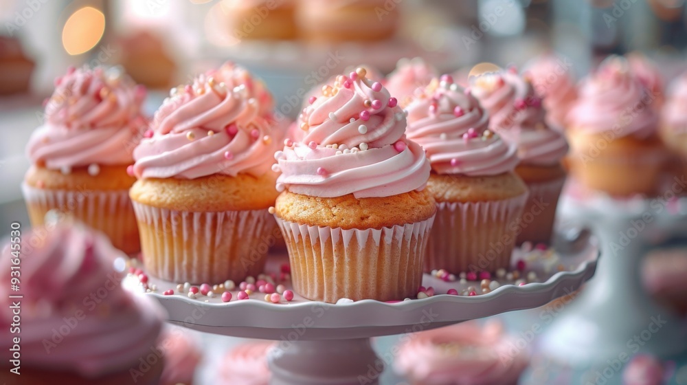 Many cupcakes on a cake stand with pink frosting Many cupcakes on a cake stand with pink frosting