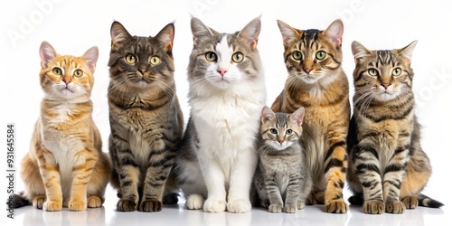 A Group of Six Cats Sitting Together in a Row, White Background, Cat Fur, Feline, Pet, Animal, Kitten