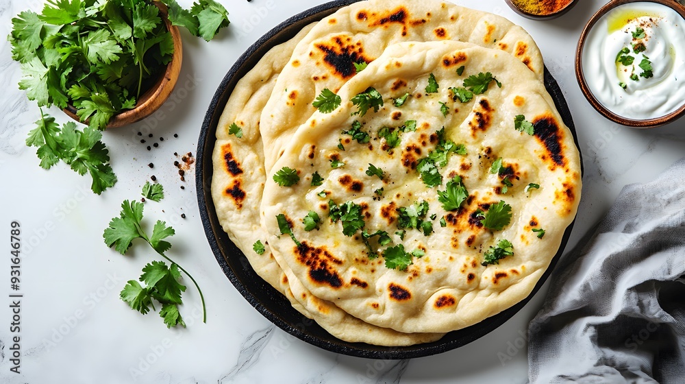 Freshly baked naan bread on a white marble countertop, rustic black pan, cilantro garnish, small bowl of spices, yogurt dip, top view, food photography, soft natural. Freshly baked naan bread on a white marble countertop, rustic black pan, cilantro garnish, small bowl of spices, yogurt dip, top view, food photography, soft natural.