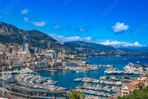 Monaco Monte Carlo sea view with yachts in the sunny day.