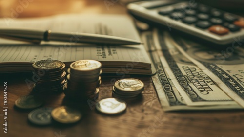 A stack of cash and coins lies next to an open notebook filled with financial notes and calculations during a financial review. Generative AI photo