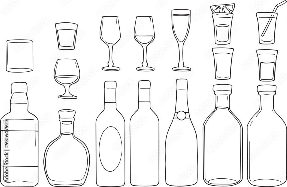 Alcohol beverages, Set of linear hand drawn Sketch Bottles. Collection of different alcohol beverages, Wine glass. Alcohol beverages, Set of linear hand drawn Sketch Bottles. Collection of different alcohol beverages, Wine glass.