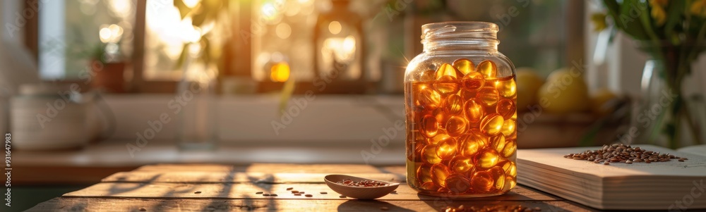 Jar of supplements oil sitting on a table Jar of supplements oil sitting on a table