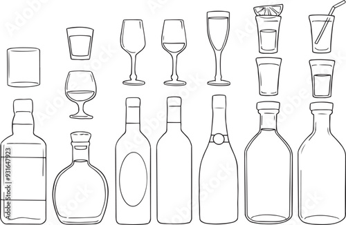 Alcohol beverages, Set of linear hand drawn Sketch Bottles. Collection of different alcohol beverages, Wine glass.