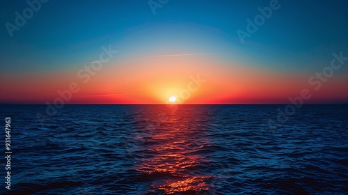 orange sunset on a dark blue sea with blue sky and a single wispy cloud : Generative AI