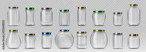 3d realistic glass jars with lids vector package mockups for food preservation, canning and storage. Empty clear bottle containers, transparent pots with metal screw caps, varying in sizes and shapes