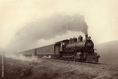 A classic engraving of a Victorian-era steam locomotive chugging along a scenic countryside. 
