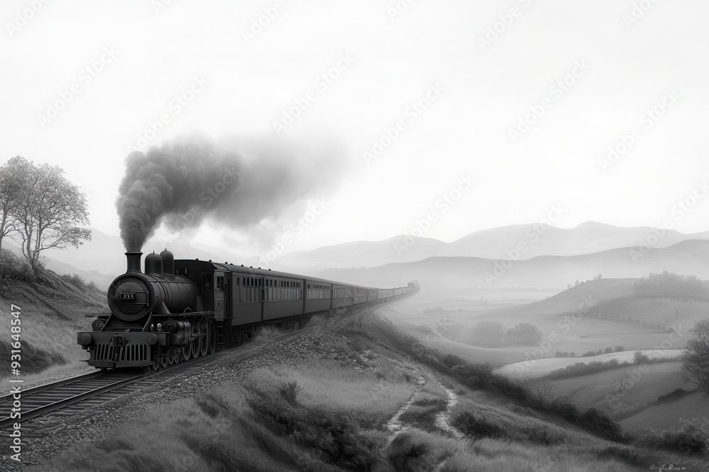 A classic engraving of a Victorian-era steam locomotive chugging along a scenic countryside. A classic engraving of a Victorian-era steam locomotive chugging along a scenic countryside.