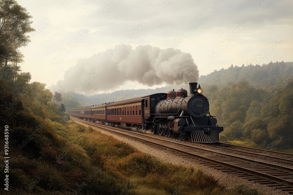 Obraz premium A classic engraving of a Victorian-era steam locomotive chugging along a scenic countryside.