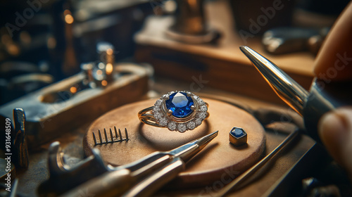 A master jeweler skillfully setting gems into a jewelry piece, with a focus on a sapphire diamond ring amidst a workshop laden with professional tools, ai generated