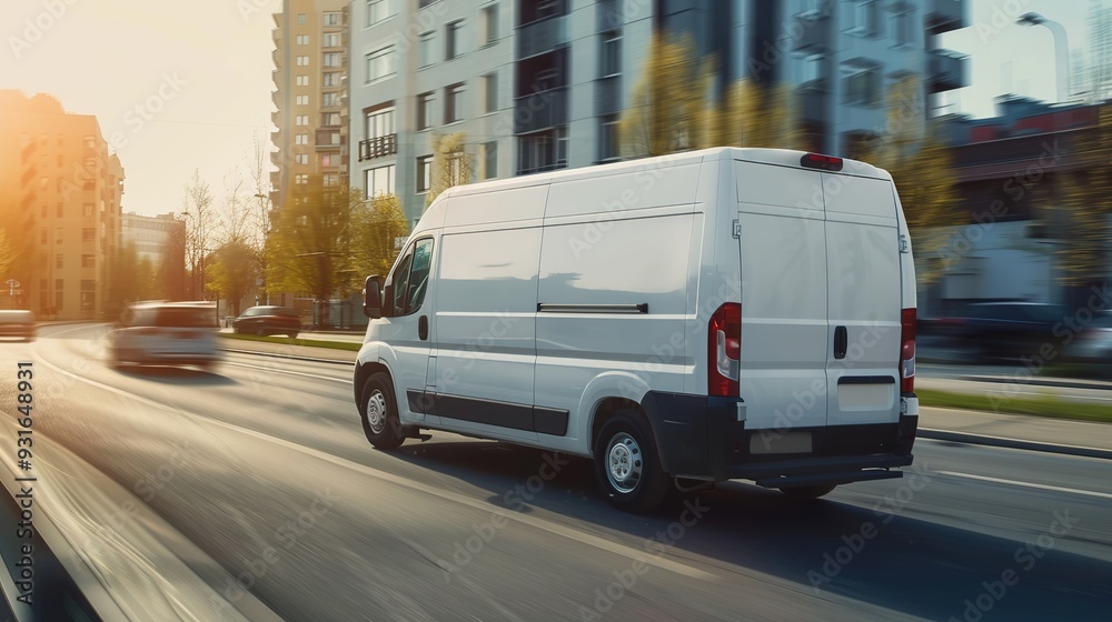 Fototapeta premium A white delivery van driving through an urban area during sunset.